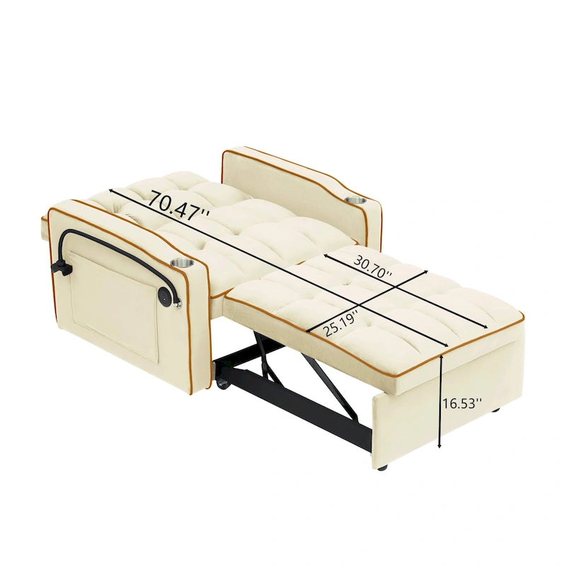 Canapé-lit futon pliable avec dossier réglable, port USB, cendrier, support de téléphone rotatif, blanc crème