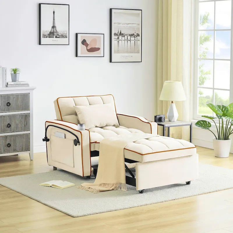 Canapé-lit futon pliable avec dossier réglable, port USB, cendrier, support de téléphone rotatif, blanc crème
