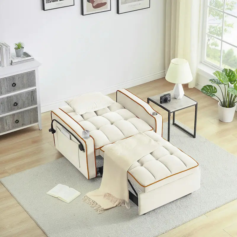 Canapé-lit futon pliable avec dossier réglable, port USB, cendrier, support de téléphone rotatif, blanc crème