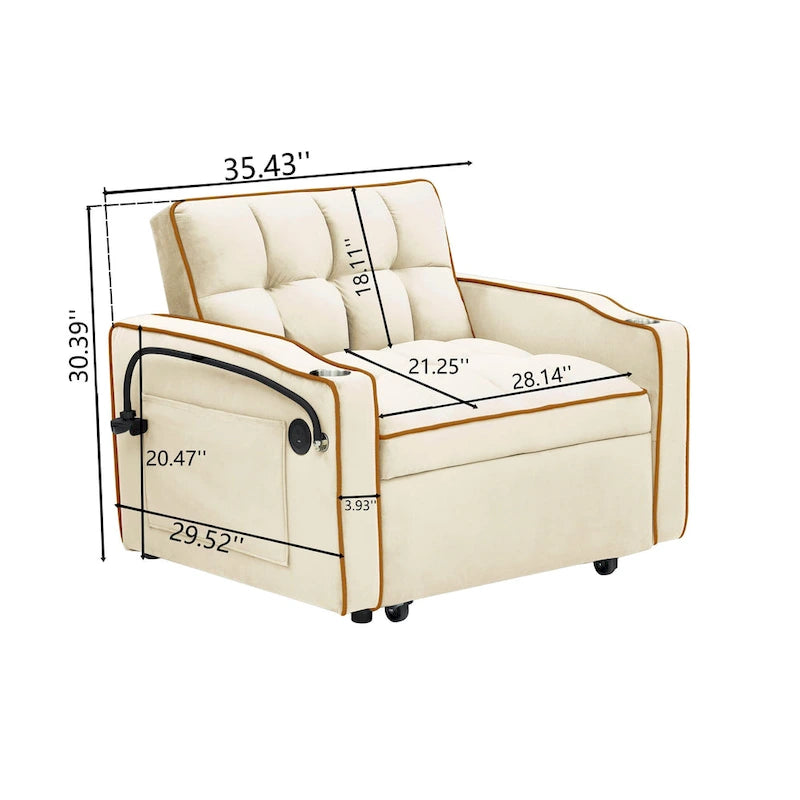 Canapé-lit futon pliable avec dossier réglable, port USB, cendrier, support de téléphone rotatif, blanc crème