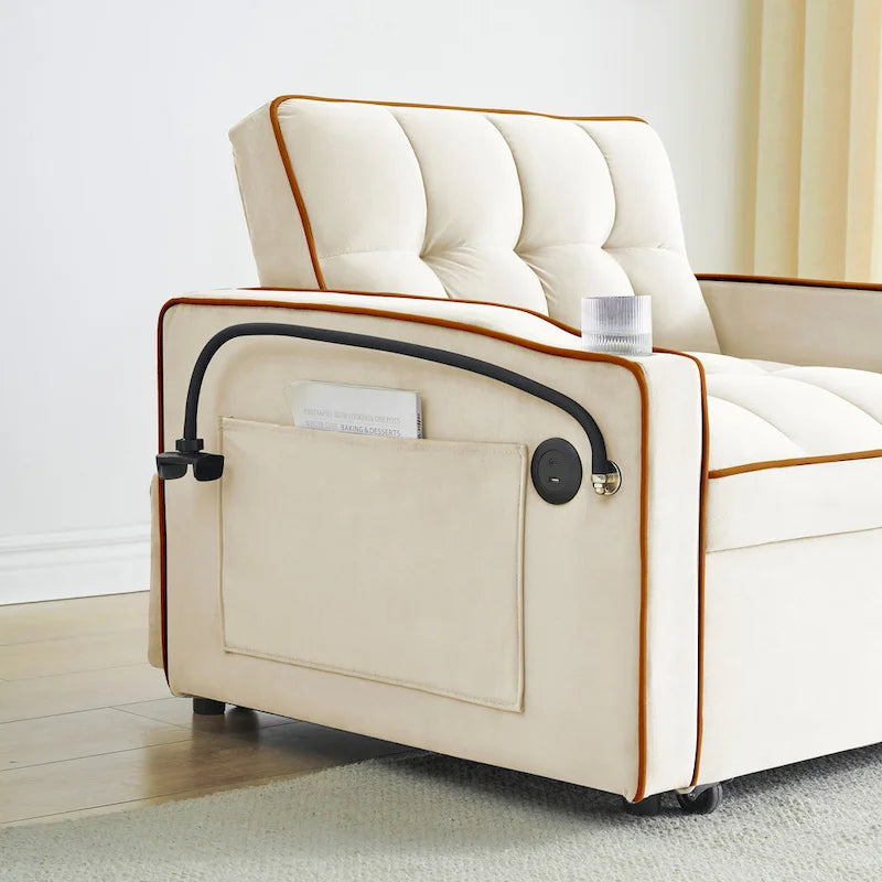 Canapé-lit futon pliable avec dossier réglable, port USB, cendrier, support de téléphone rotatif, blanc crème