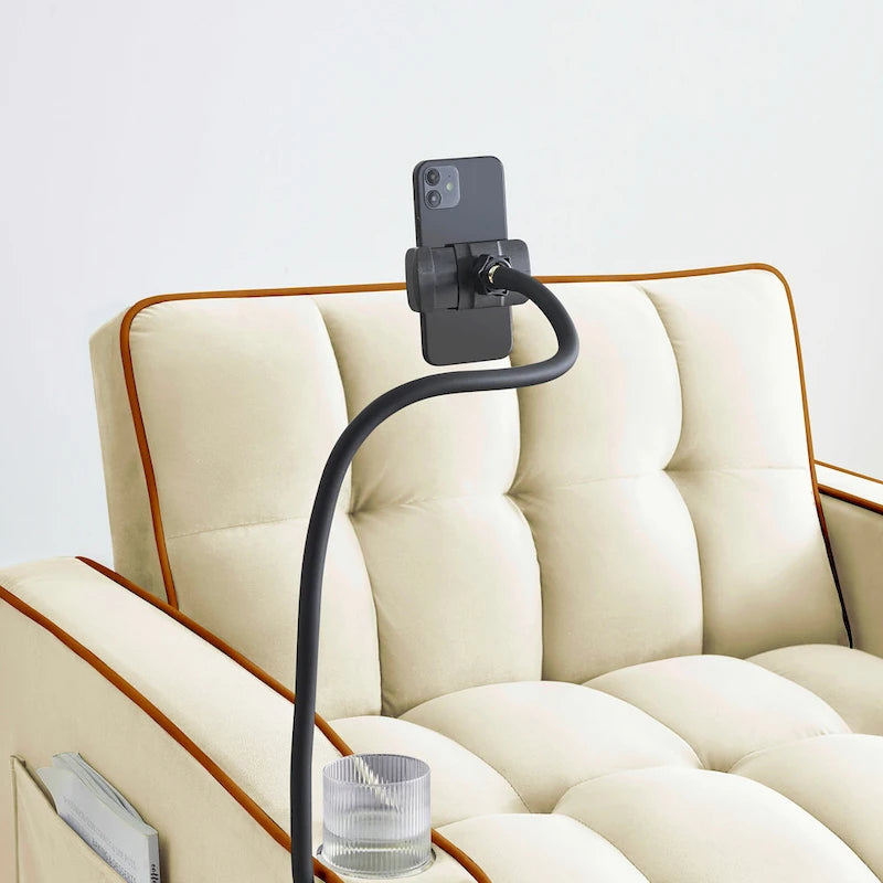 Canapé-lit futon pliable avec dossier réglable, port USB, cendrier, support de téléphone rotatif, blanc crème