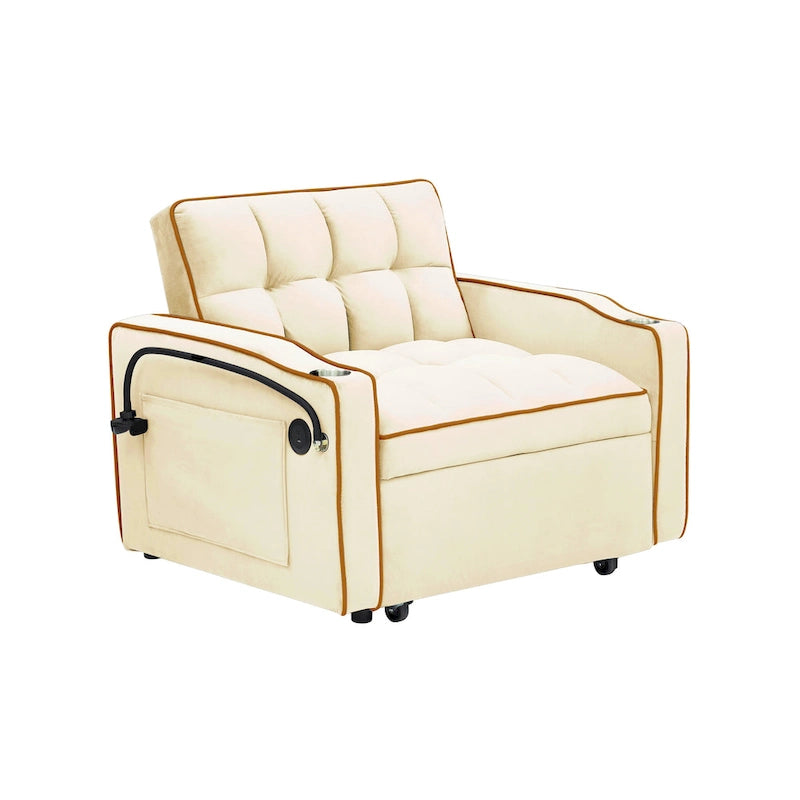 Canapé-lit futon pliable avec dossier réglable, port USB, cendrier, support de téléphone rotatif, blanc crème