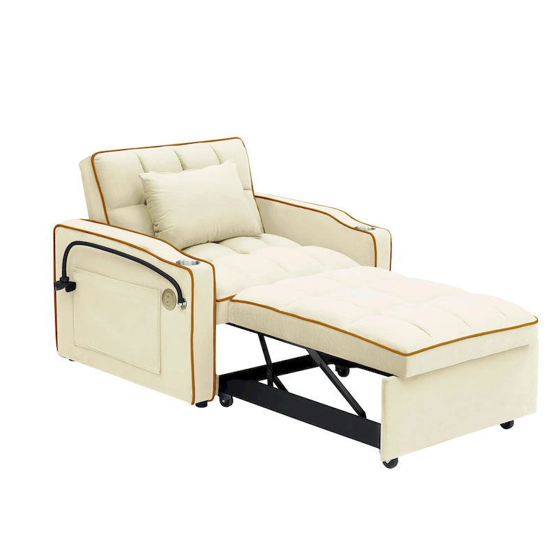Canapé-lit futon pliable avec dossier réglable, port USB, cendrier, support de téléphone rotatif, blanc crème