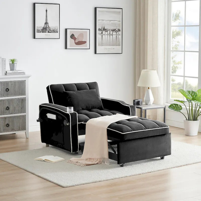 Canapé-lit futon pliable avec dossier réglable, port USB, cendrier, support de téléphone rotatif, blanc crème