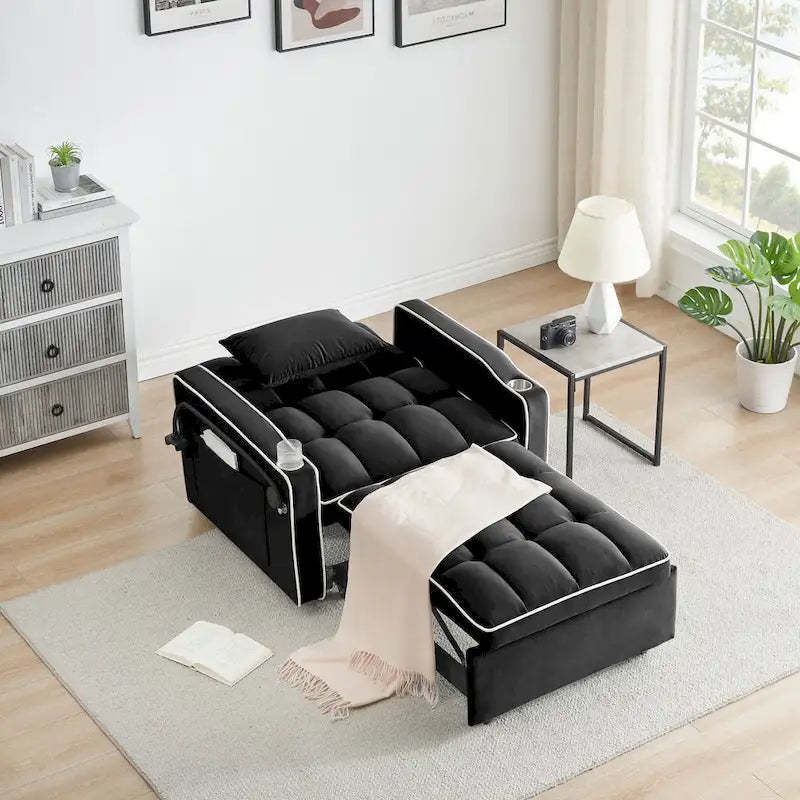 Canapé-lit futon pliable avec dossier réglable, port USB, cendrier, support de téléphone rotatif, blanc crème