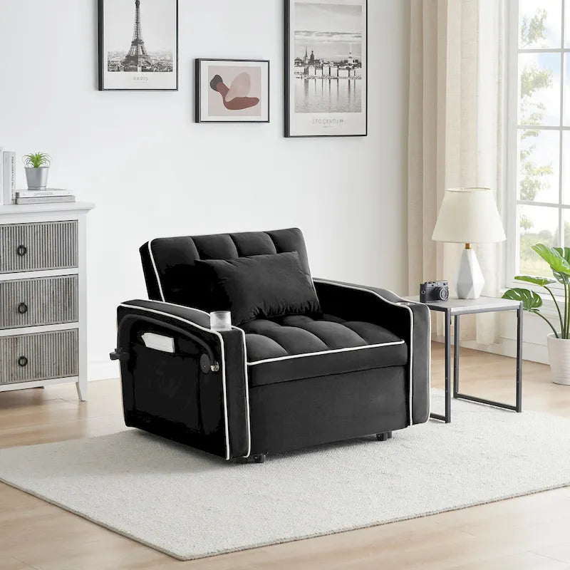 Canapé-lit futon pliable avec dossier réglable, port USB, cendrier, support de téléphone rotatif, blanc crème