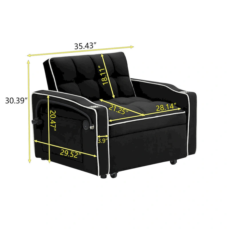 Canapé-lit futon pliable avec dossier réglable, port USB, cendrier, support de téléphone rotatif, blanc crème