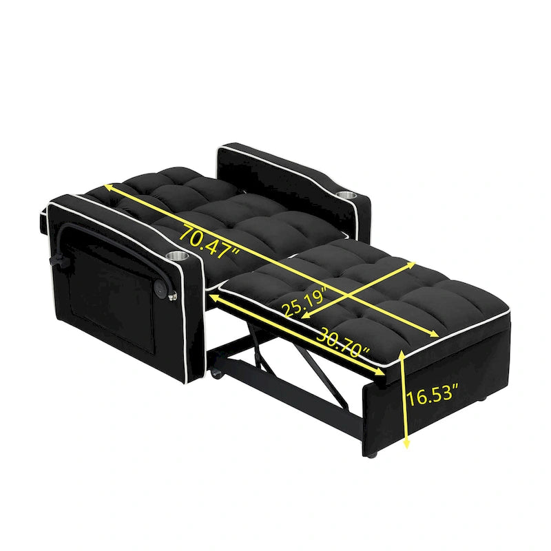 Canapé-lit futon pliable avec dossier réglable, port USB, cendrier, support de téléphone rotatif, blanc crème