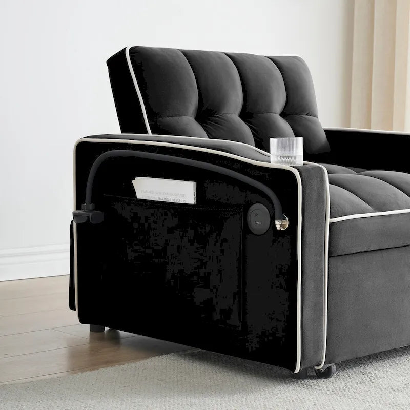 Canapé-lit futon pliable avec dossier réglable, port USB, cendrier, support de téléphone rotatif, blanc crème
