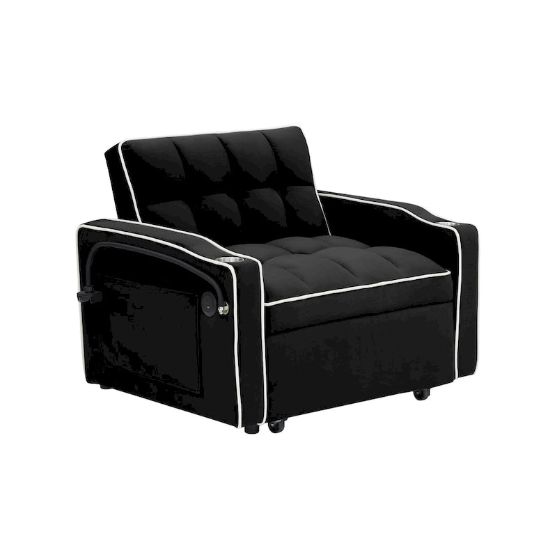 Canapé-lit futon pliable avec dossier réglable, port USB, cendrier, support de téléphone rotatif, blanc crème