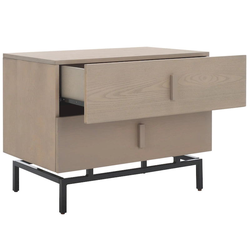 Meuble de rangement à 2 tiroirs en bois lavé gris avec base en métal noir