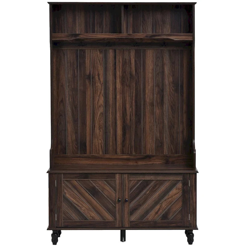 Meuble d'entrée avec étagères ouvertes, patères, banc à chaussures, marron