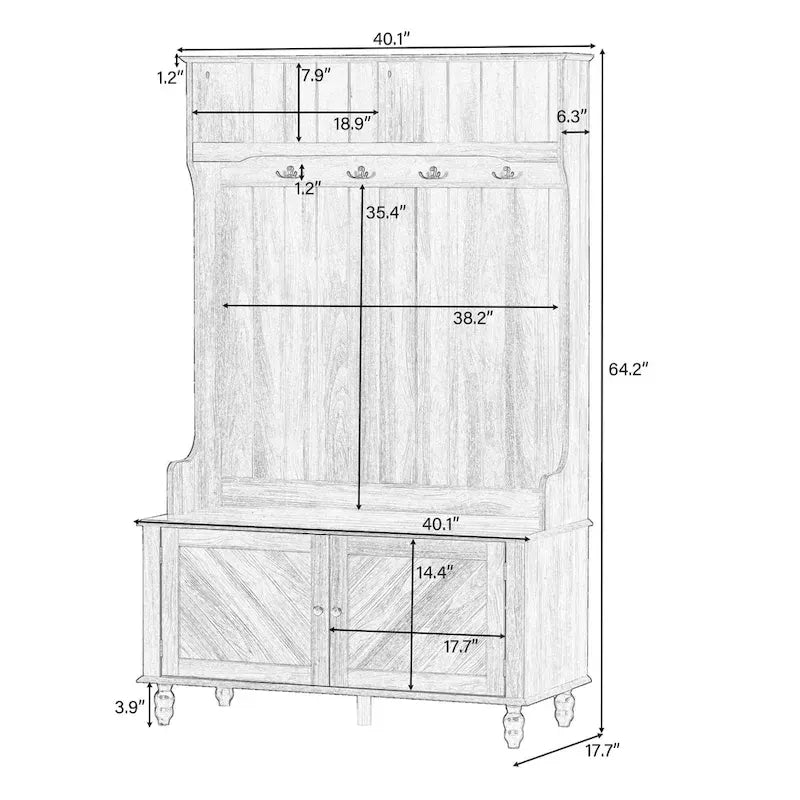 Meuble d'entrée avec étagères ouvertes, patères, banc à chaussures, marron