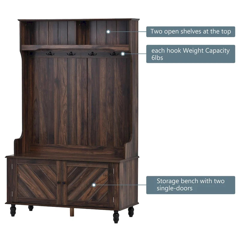 Meuble d'entrée avec étagères ouvertes, patères, banc à chaussures, marron