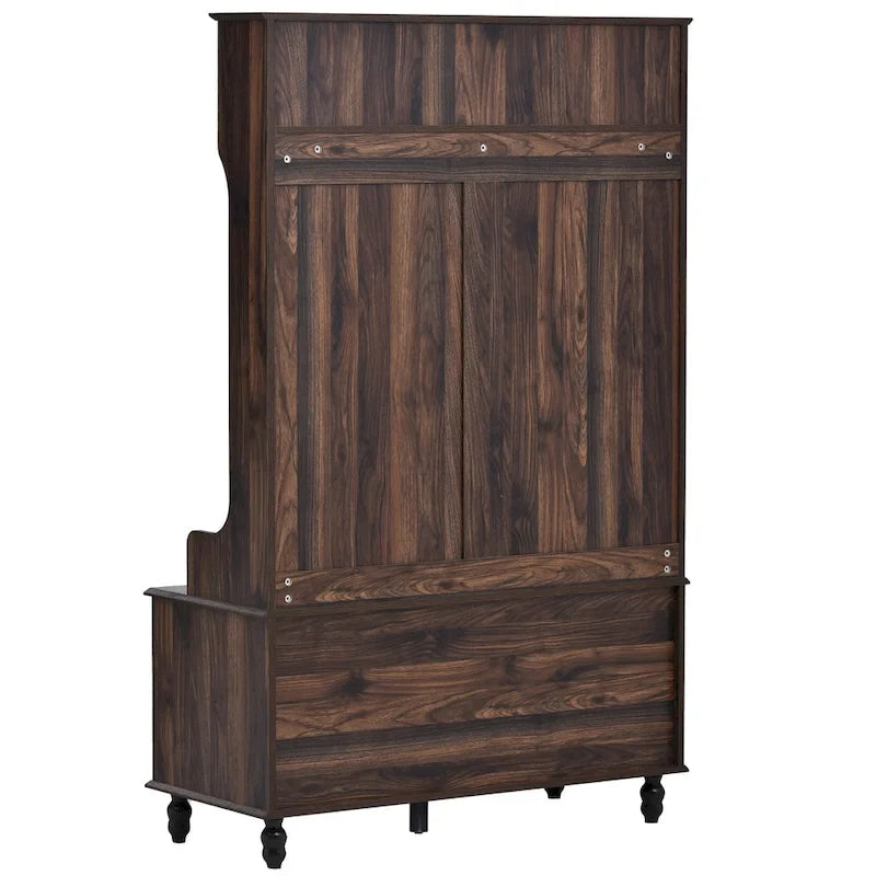 Meuble d'entrée avec étagères ouvertes, patères, banc à chaussures, marron