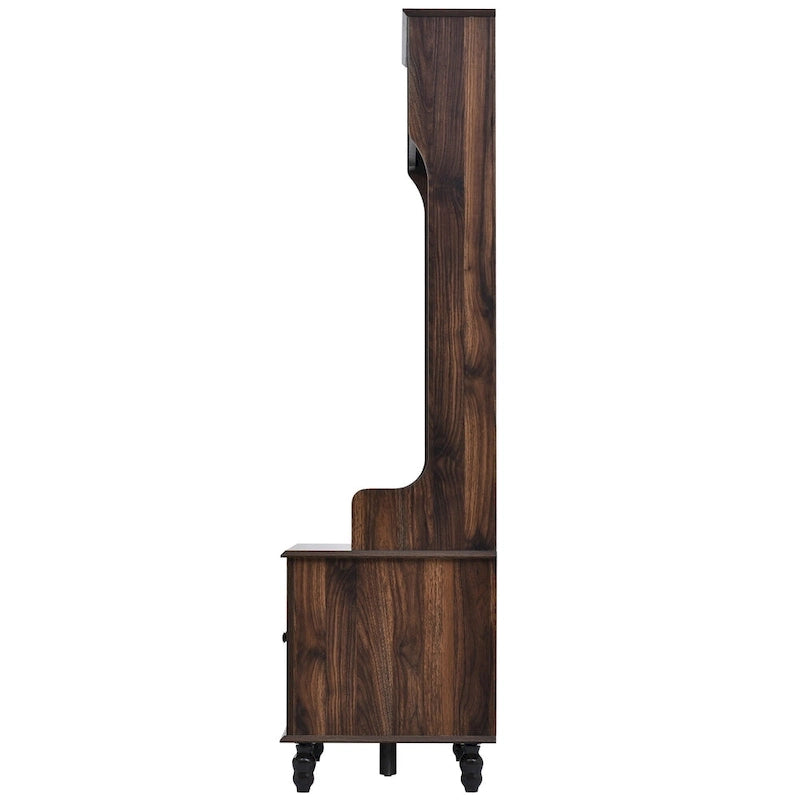 Meuble d'entrée avec étagères ouvertes, patères, banc à chaussures, marron