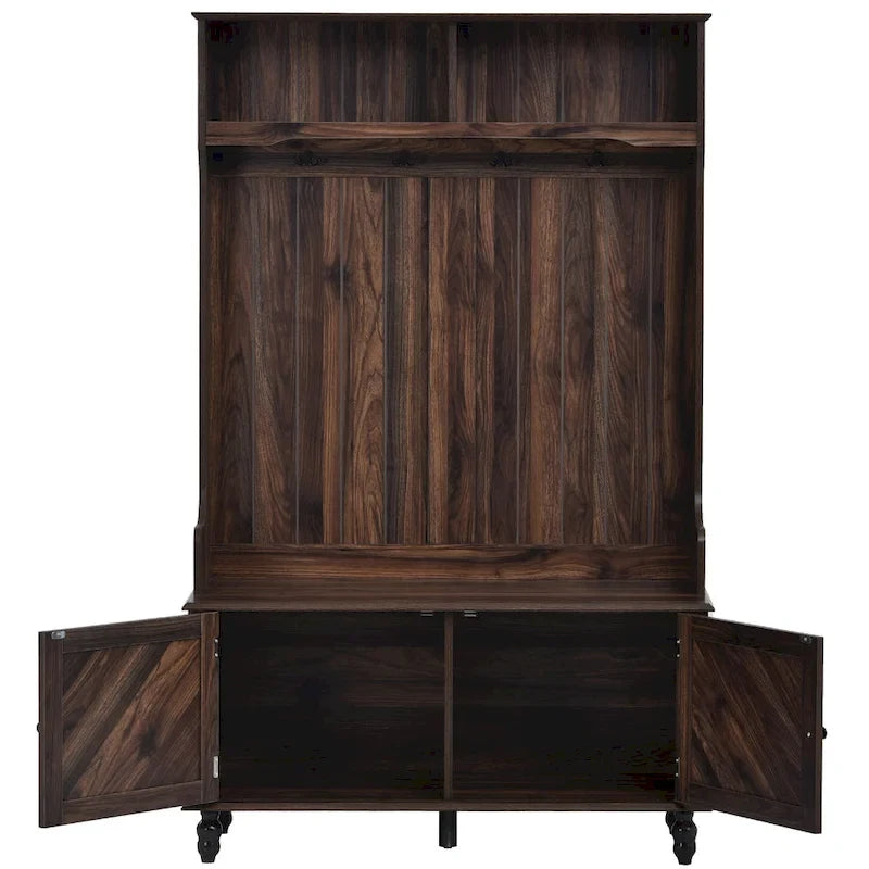Meuble d'entrée avec étagères ouvertes, patères, banc à chaussures, marron
