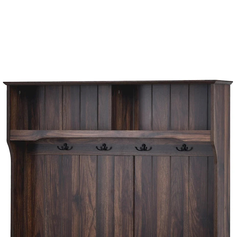 Meuble d'entrée avec étagères ouvertes, patères, banc à chaussures, marron