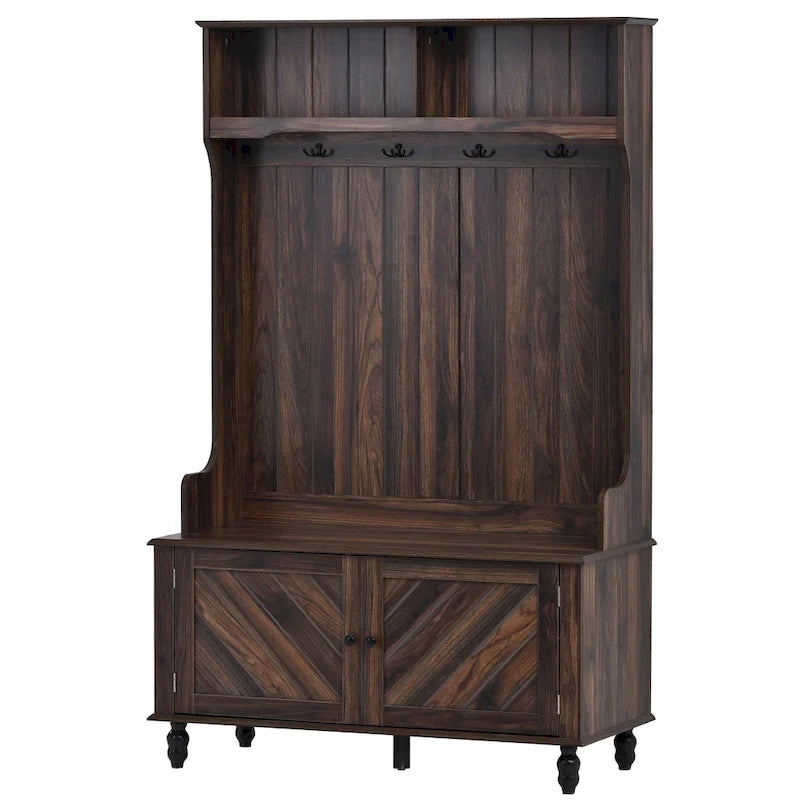 Meuble d'entrée avec étagères ouvertes, patères, banc à chaussures, marron