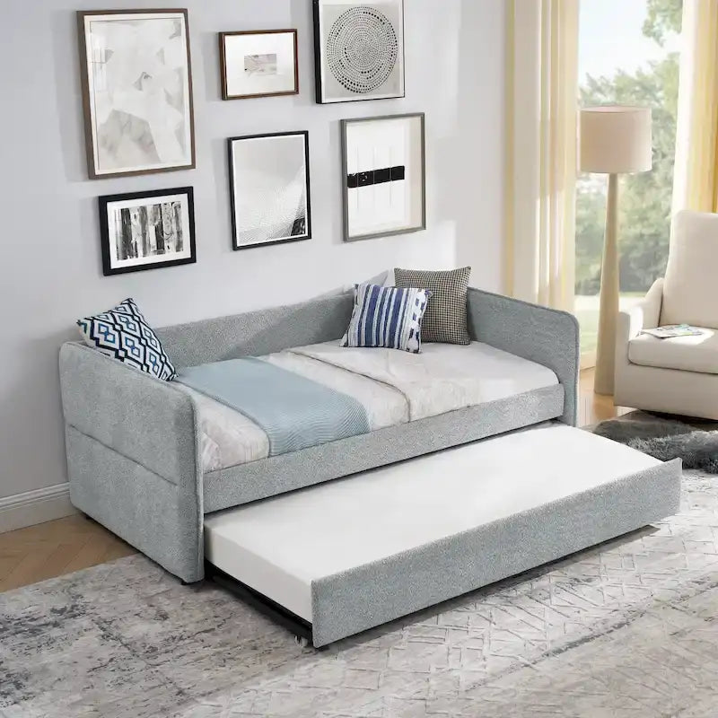 Lit de repos en tissu bouclé gris avec lit gigogne profil bas