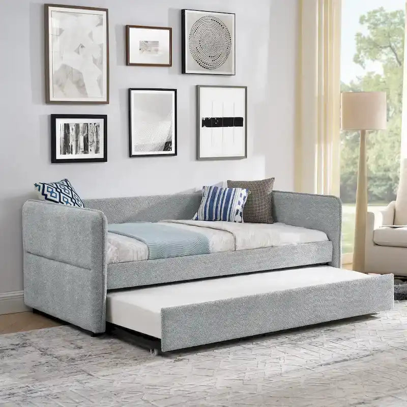 Lit de repos en tissu bouclé gris avec lit gigogne profil bas