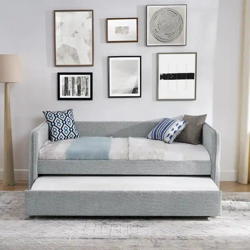 Lit de repos en tissu bouclé gris avec lit gigogne profil bas