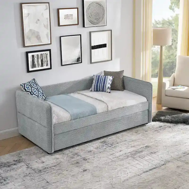 Lit de repos en tissu bouclé gris avec lit gigogne profil bas