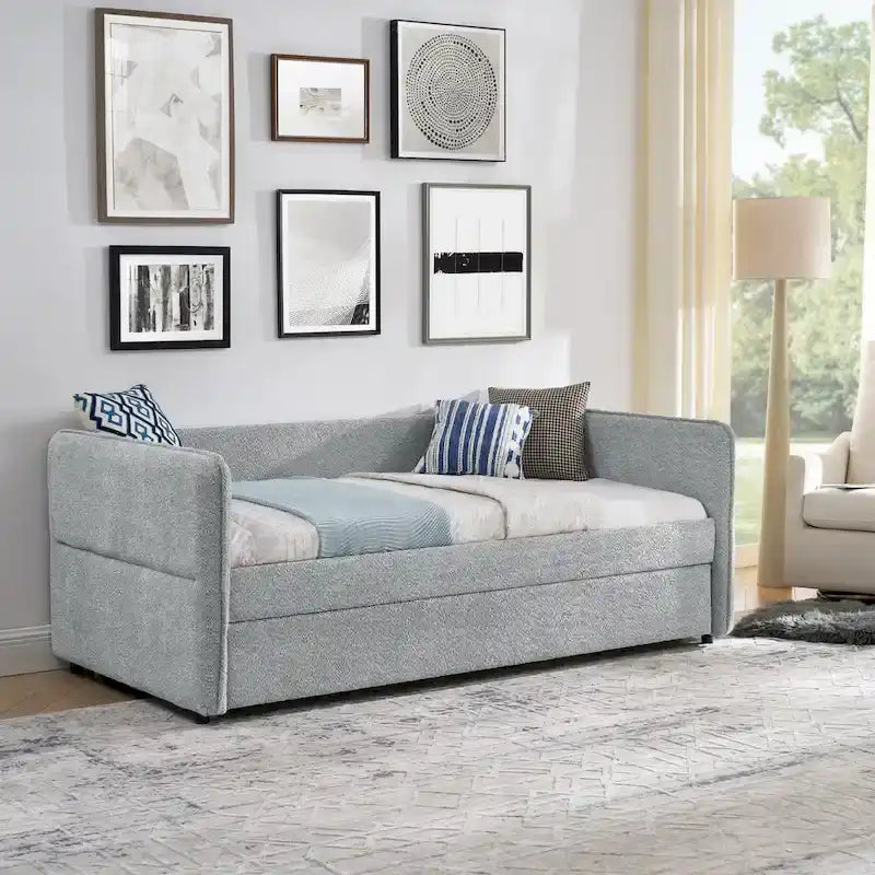 Lit de repos en tissu bouclé gris avec lit gigogne profil bas