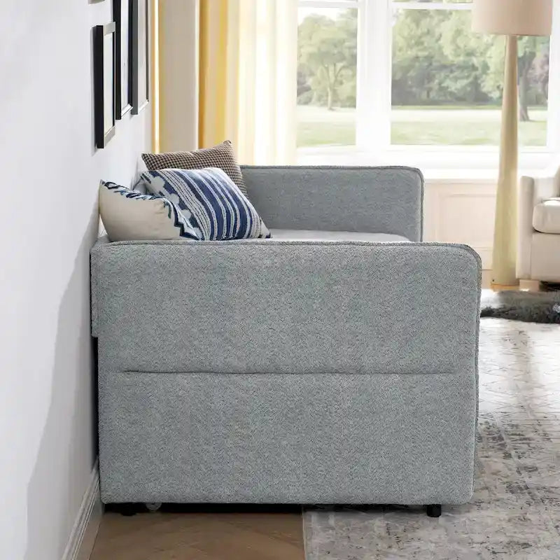 Lit de repos en tissu bouclé gris avec lit gigogne profil bas