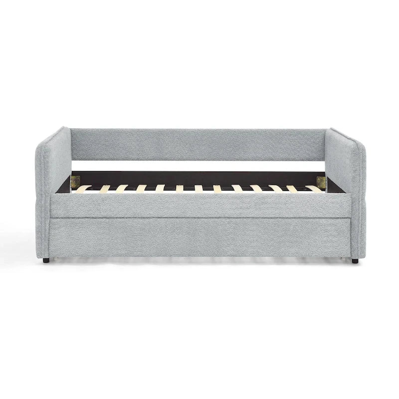 Lit de repos en tissu bouclé gris avec lit gigogne profil bas