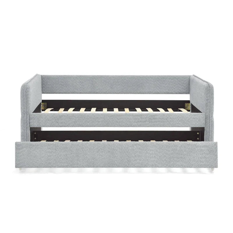 Lit de repos en tissu bouclé gris avec lit gigogne profil bas