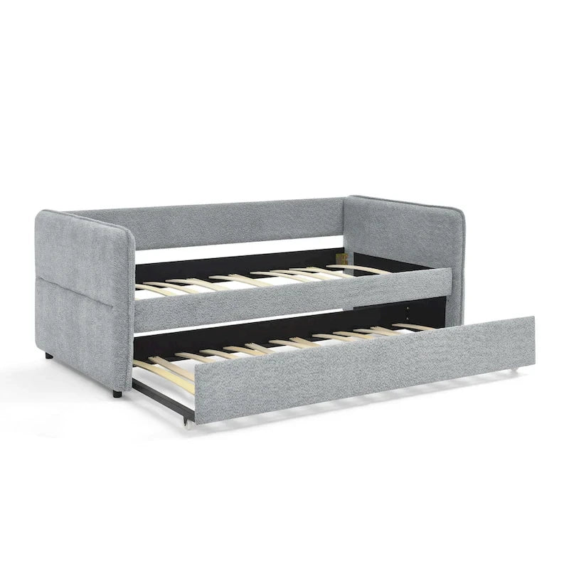 Lit de repos en tissu bouclé gris avec lit gigogne profil bas