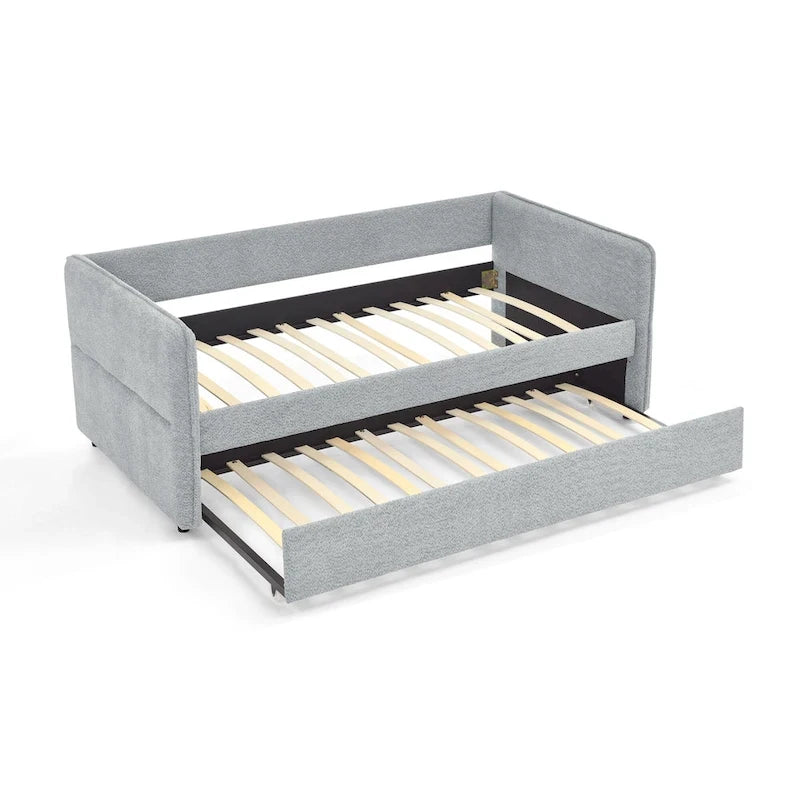 Lit de repos en tissu bouclé gris avec lit gigogne profil bas
