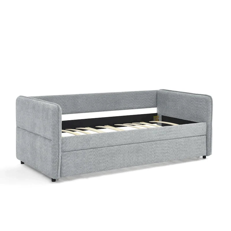 Lit de repos en tissu bouclé gris avec lit gigogne profil bas