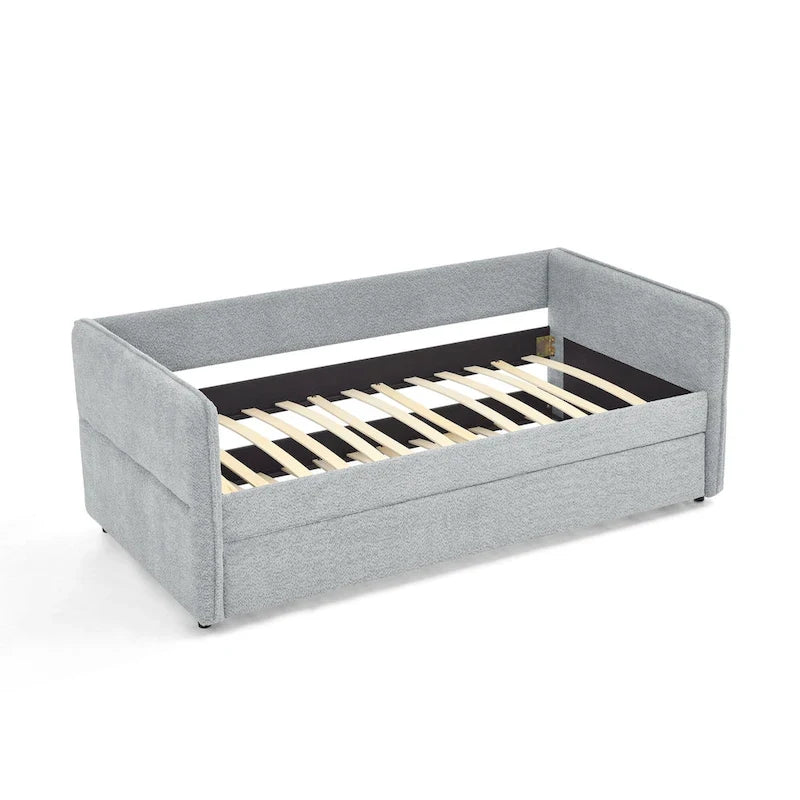 Lit de repos en tissu bouclé gris avec lit gigogne profil bas
