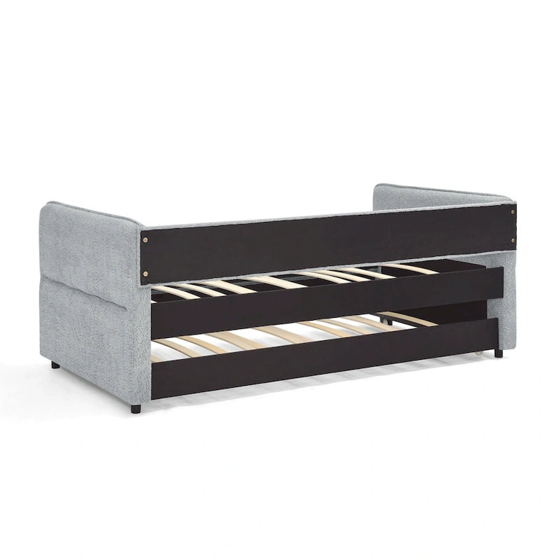 Lit de repos en tissu bouclé gris avec lit gigogne profil bas