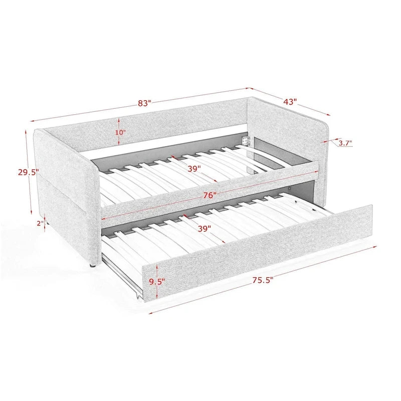 Lit de repos en tissu bouclé gris avec lit gigogne profil bas