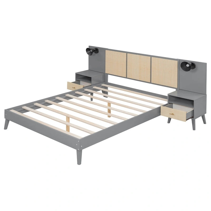 Lit plateforme gris grand format avec tête de lit capitonnée et pieds en bois