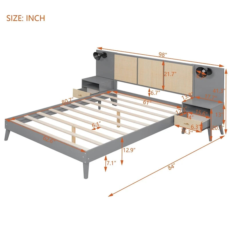 Lit plateforme gris grand format avec tête de lit capitonnée et pieds en bois