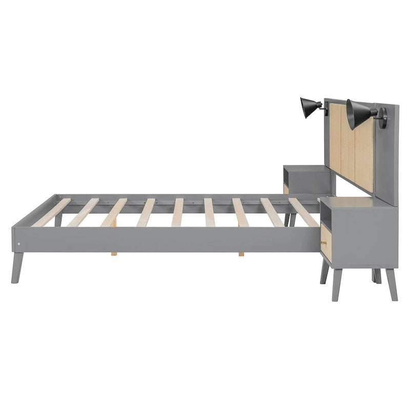 Lit plateforme gris grand format avec tête de lit capitonnée et pieds en bois