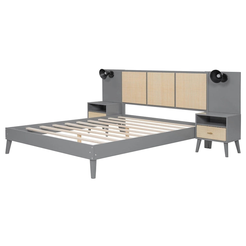 Lit plateforme gris grand format avec tête de lit capitonnée et pieds en bois