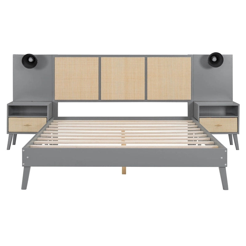 Lit plateforme gris grand format avec tête de lit capitonnée et pieds en bois