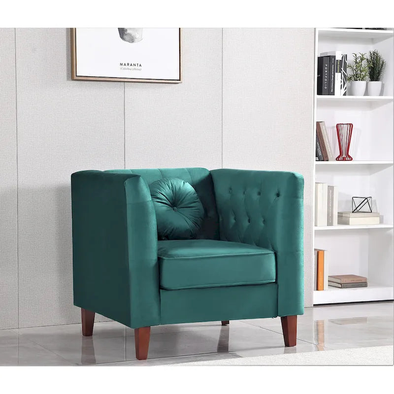 Fauteuil d'appoint Chesterfield classique en velours avec pieds en bois massif