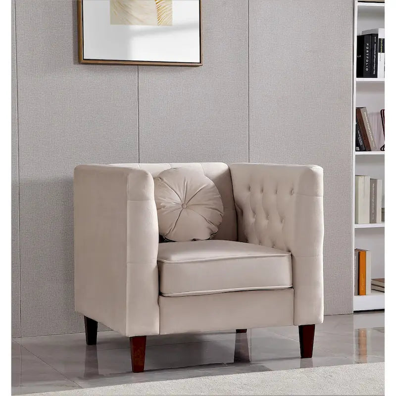 Fauteuil d'appoint Chesterfield classique en velours avec pieds en bois massif