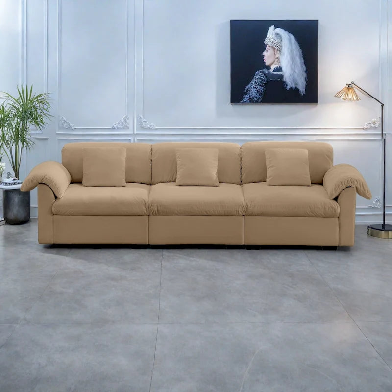 Canapé 3 places en velours avec rangement dissimulé et coussins