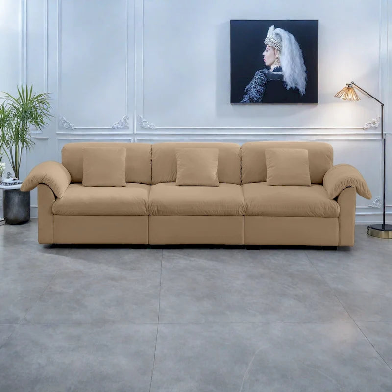 Canapé 3 places en velours avec rangement dissimulé et coussins