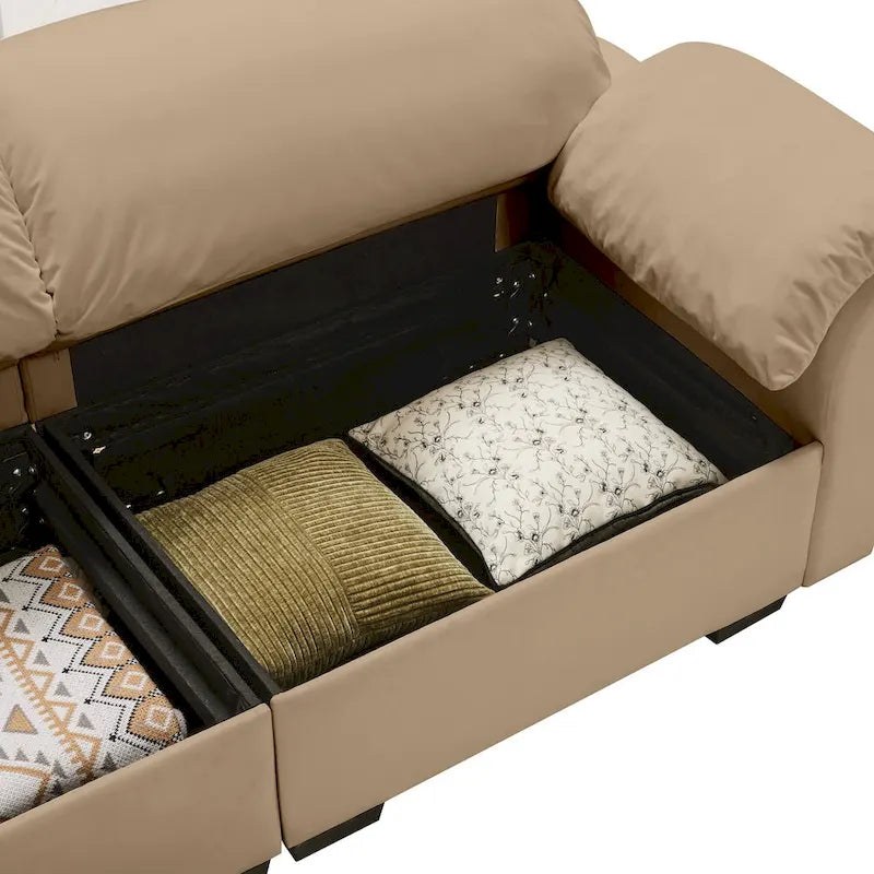 Canapé 3 places en velours avec rangement dissimulé et coussins