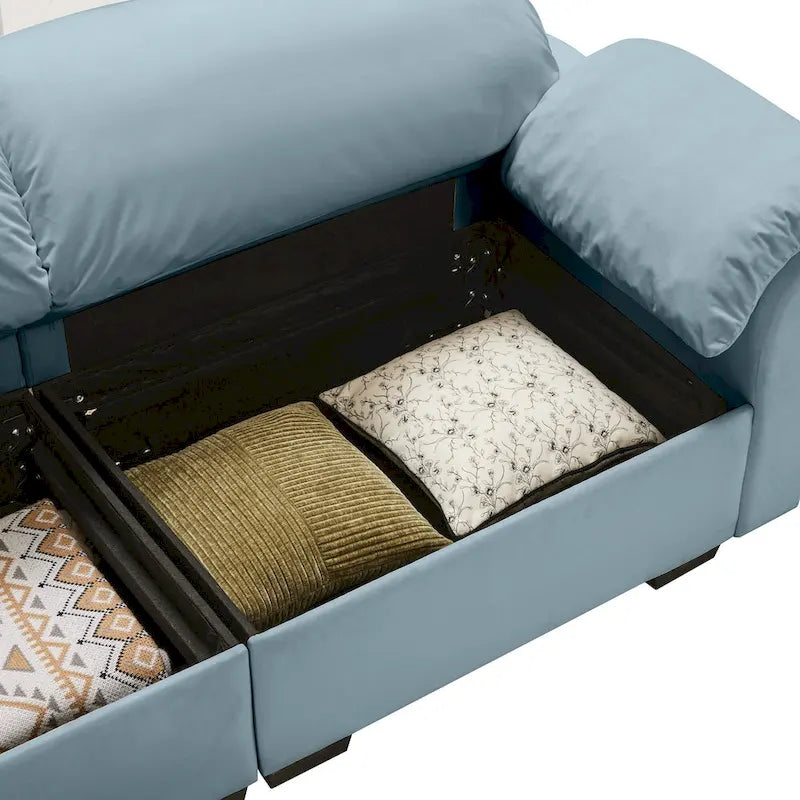 Canapé 3 places en velours avec rangement dissimulé et coussins