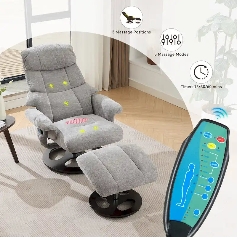 Fauteuil inclinable pivotant gris avec massage, chauffage et dossier réglable